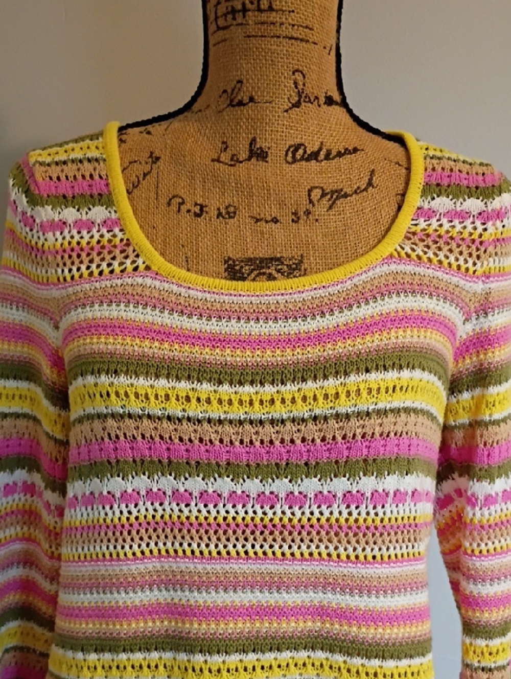 Jessica Simpson Striped Open-Knit Sweater in Yellow, Pink, White, Olive - Picture 2 of 5